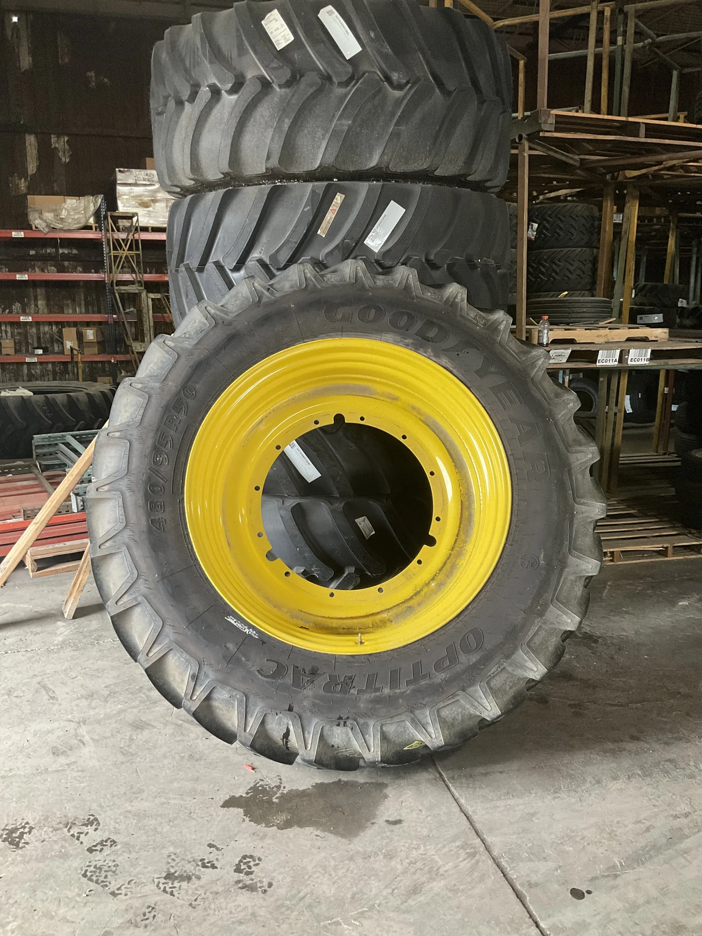 Used 480/95R50 164D Goodyear Optitrac TL R-1W 90-95% On 15 x 50 12-32.047-30.078 4.625"BS Yellow Rim