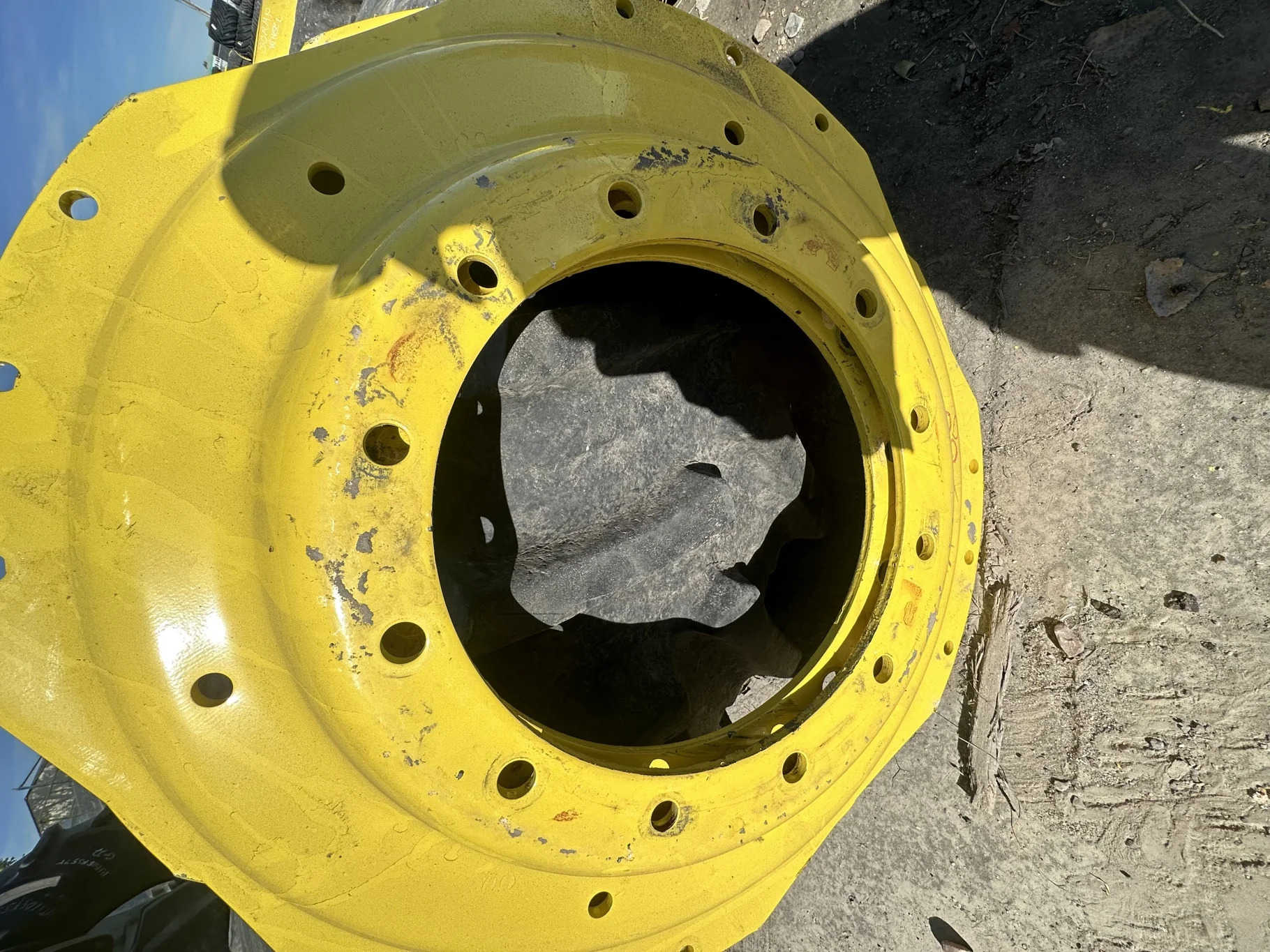 USED DISC 38" John Deere Yellow 3 Bolt Waffle with 12 Bolt Centers (12-16.73-14.6) image 2