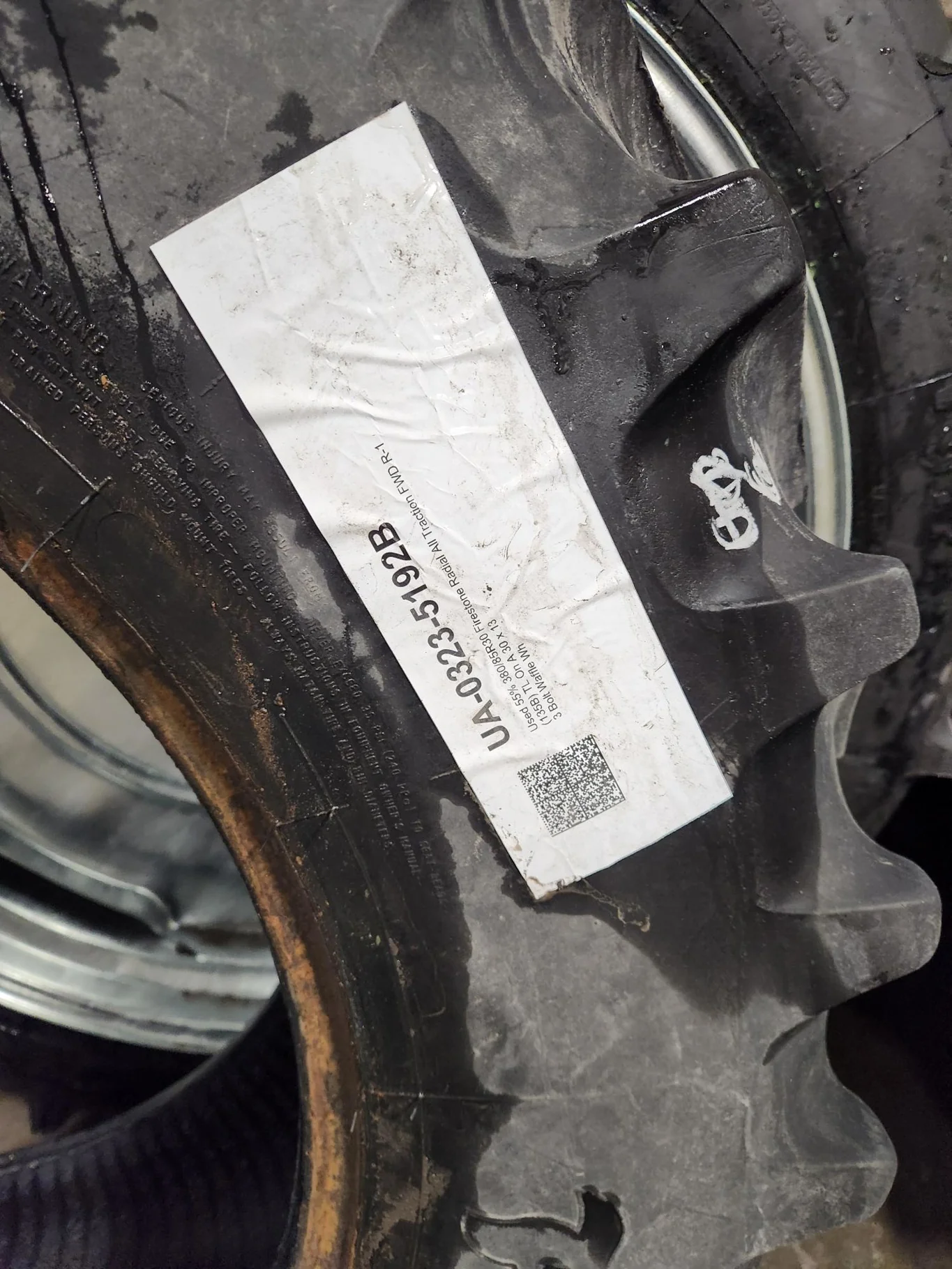 Used 380/85R30 135B Firestone Radial All Traction FWD R-1 TL 55%