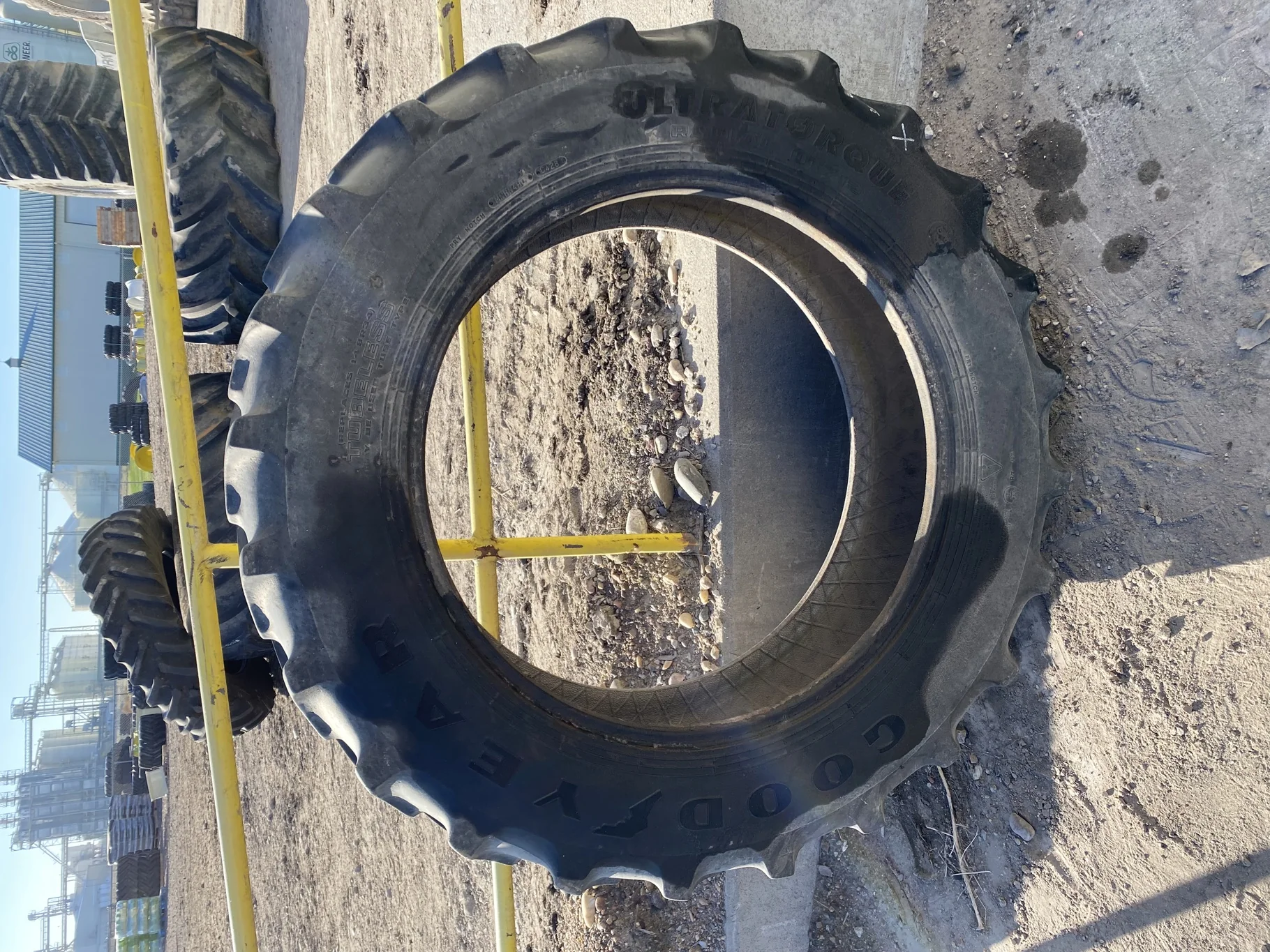 Used 380/85R34 Goodyear Ultra Torque Radial DT712 137A8 TL 40% - lug cuts; stubble; weathering;