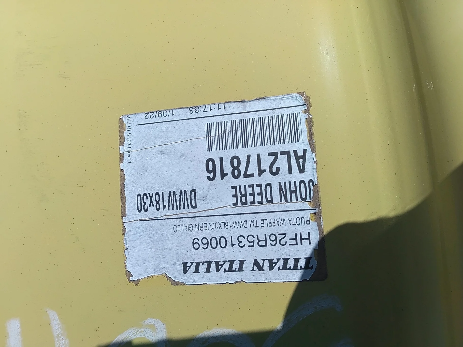 Used 18 x 30 12-16-14 JD Yellow Waffle Wheel