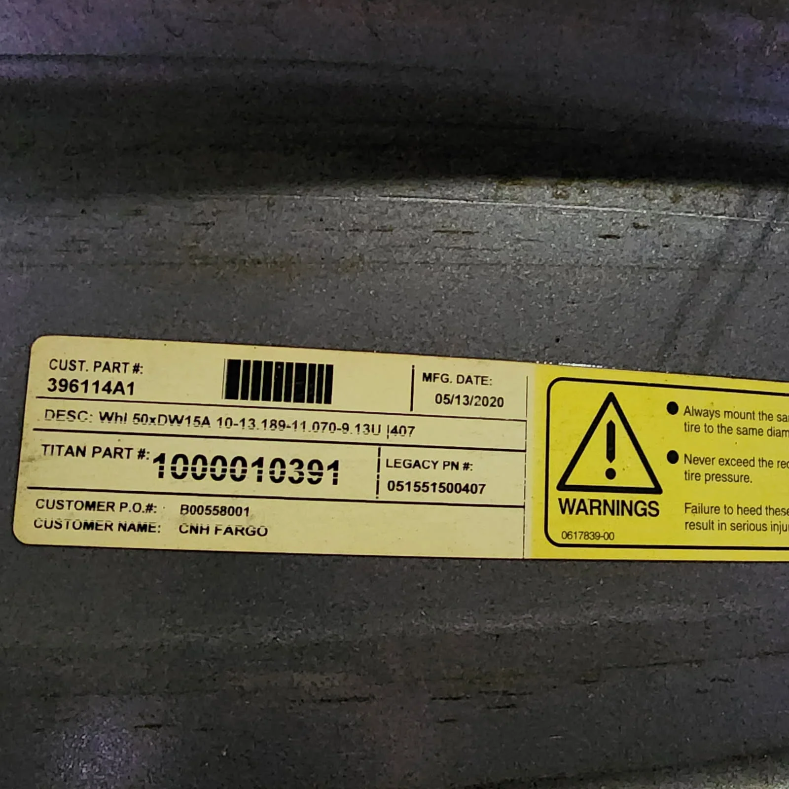 Used 15 X 50 10-13.19-11.07 1"BS Dual Silver Wheel
