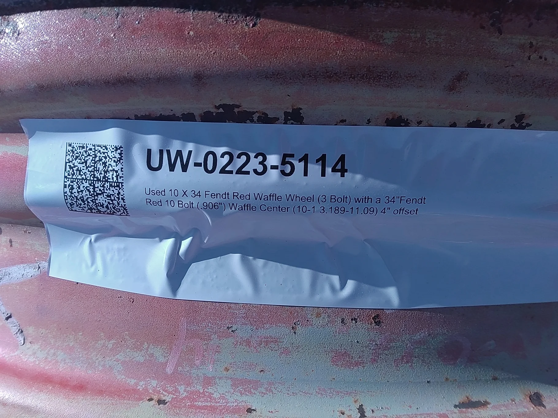 Used 10 X 34 Fendt Red Waffle Wheel (3 Bolt) w/ 34" 10-13.189-11.09 Disc image 2