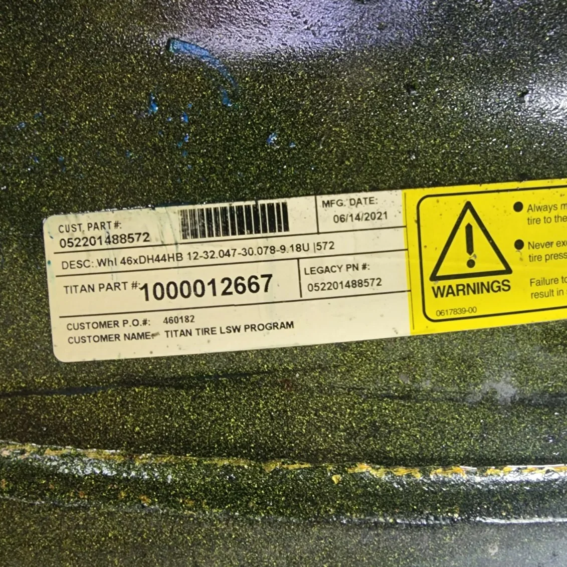 Used 44 X 46 12-32.047-30.078 13"BS Titan Rim & Rail Yellow Wheel