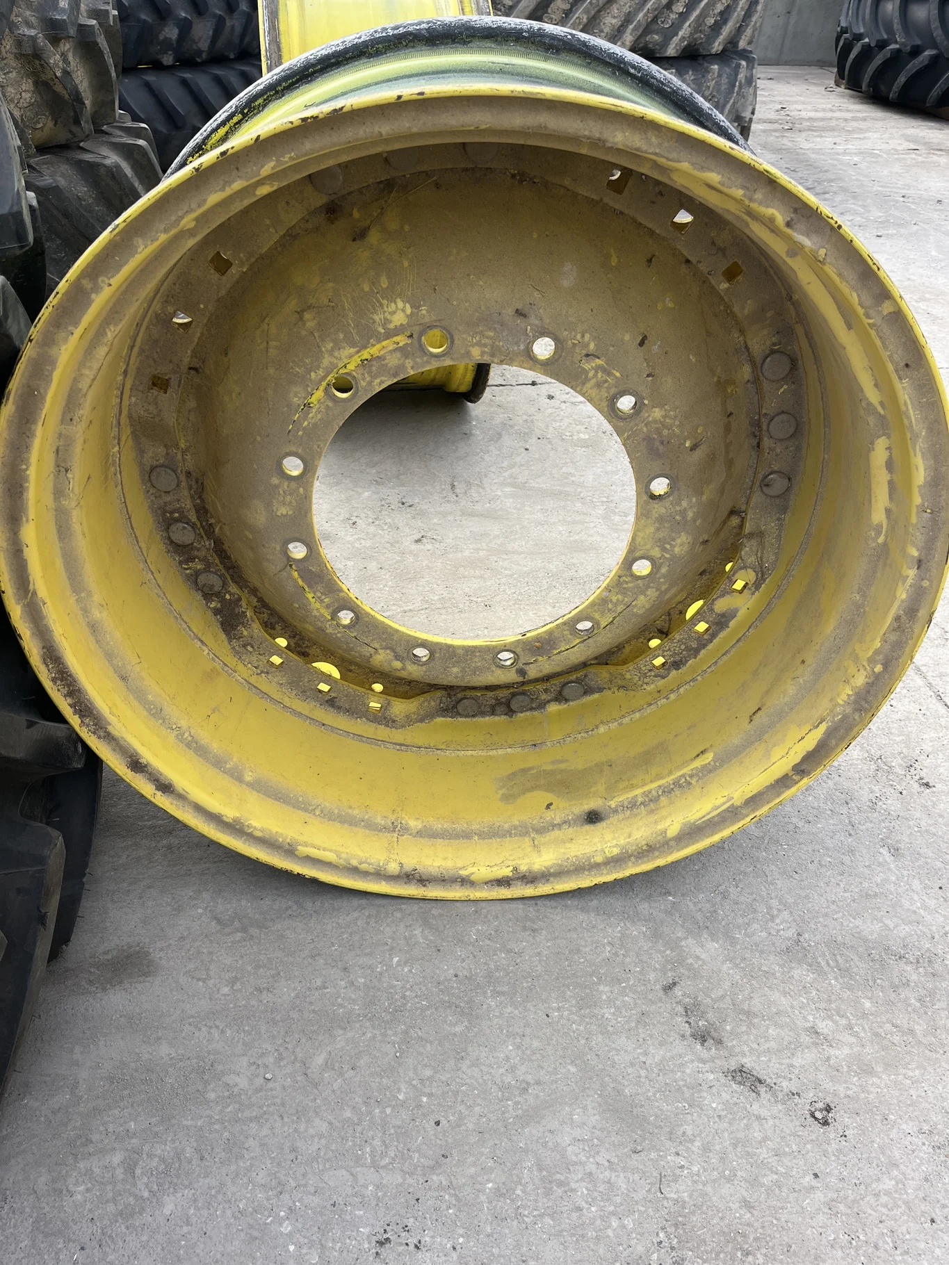Used 15 x 34 12-16.732-14.640 4" Offset Titan Yellow Waffle 3 Bolt Wheel & Disc