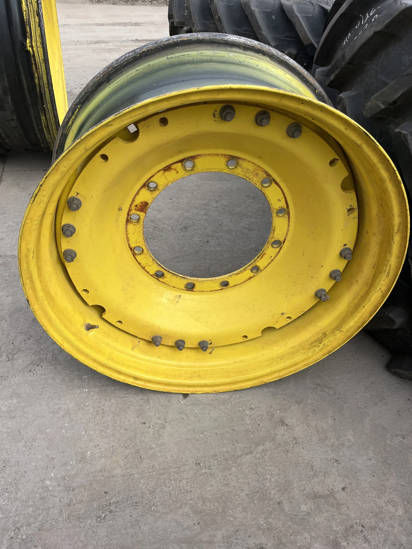 Used 15 x 34 12-16.732-14.640 4" Offset Titan Yellow Waffle 3 Bolt Wheel & Disc image 2