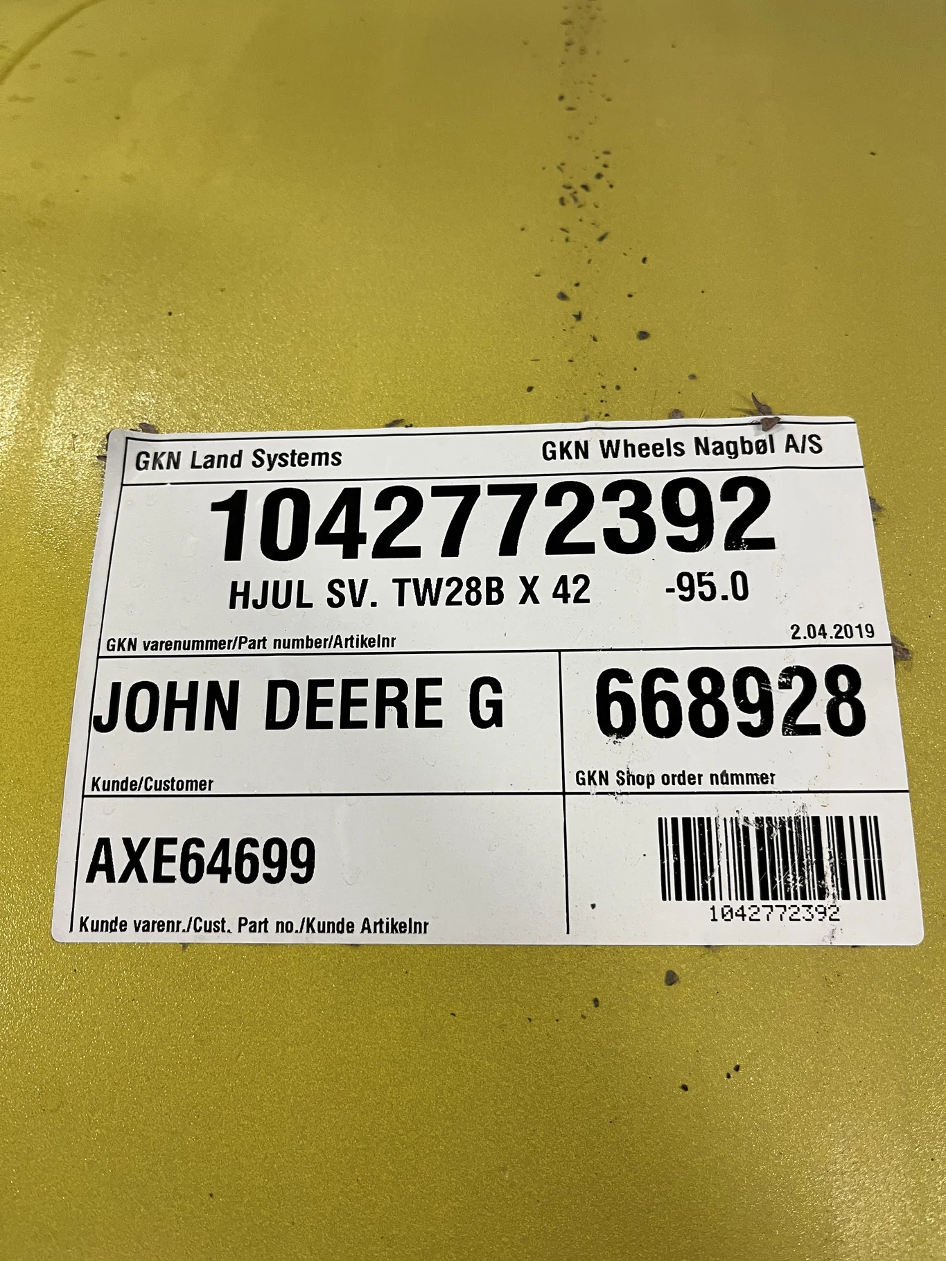 Used 28 X 42 10-13.187-11.08 JD Yellow Formed Wheel