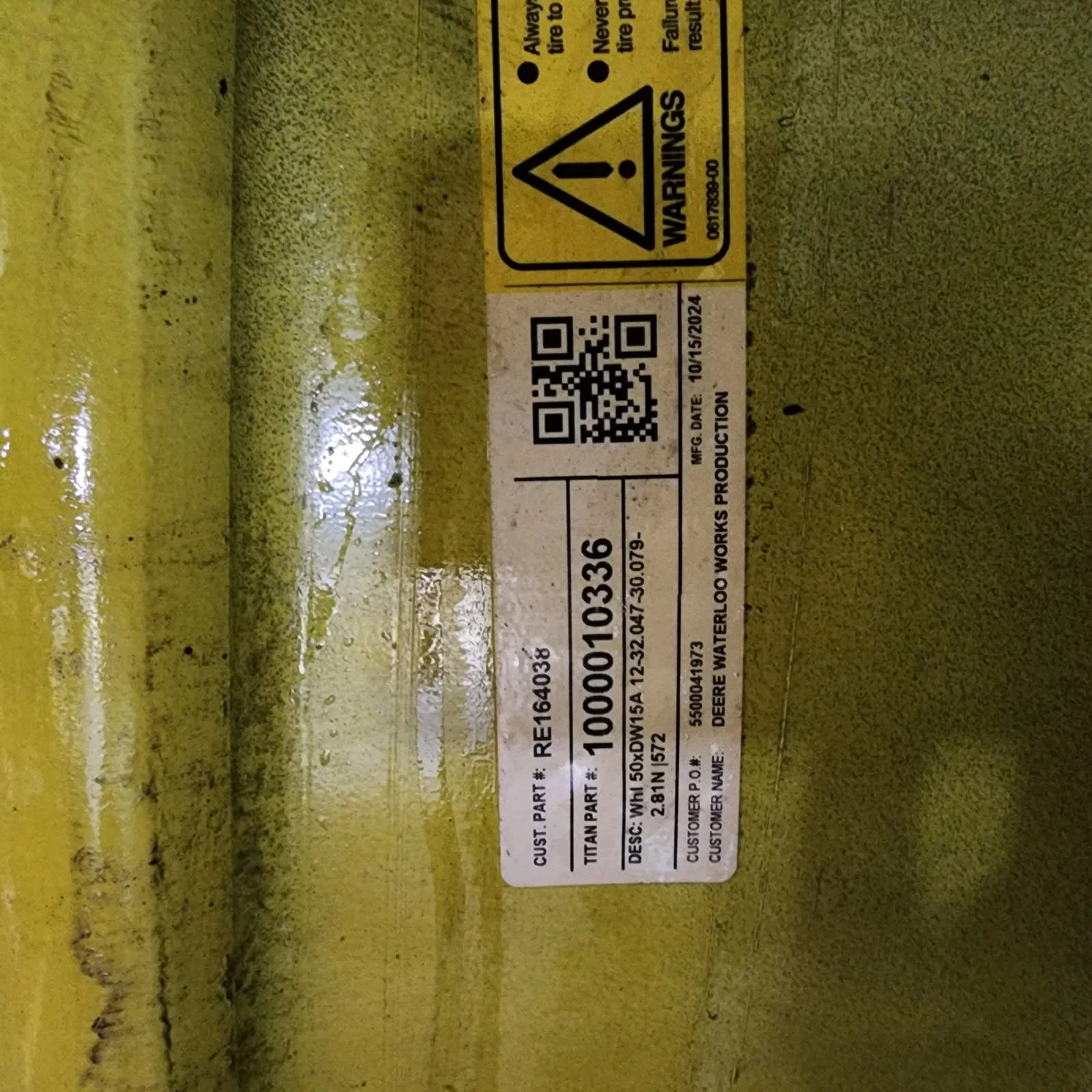 Used 15 X 50 12-32.047-30.079 10"BS Rim & Rail Yellow Wheel image 2