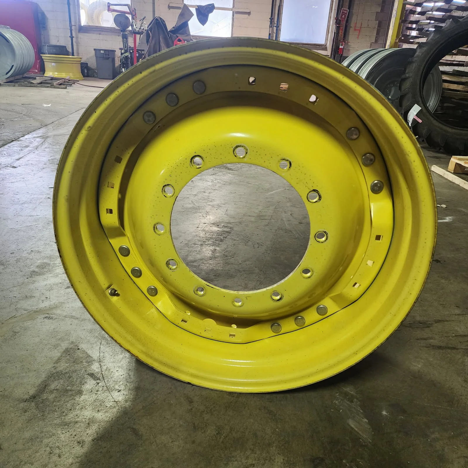 Used 15 x 34 12-16.732-14.040 13"BS Titan Yellow Waffle 3 Bolt Wheel w/ Disc