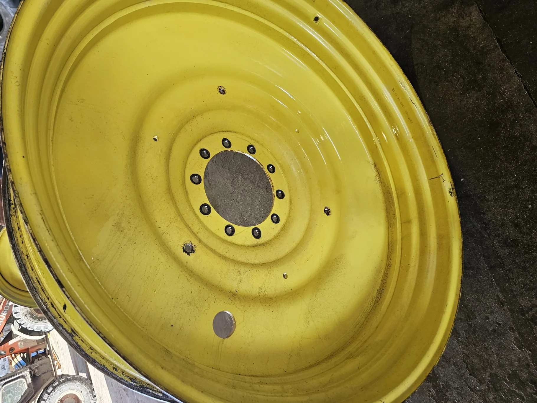 Used 15 X 50 JD Yellow 10 Bolt (.906) Dual Wheel (10-13.189-11.07) -6.38" IN w/.799 weight holes image 2