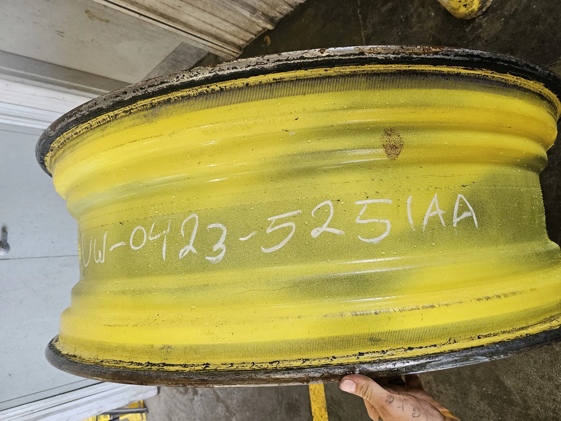 Used 15 X 50 JD Yellow 10 Bolt (.906) Dual Wheel (10-13.189-11.07) -6.38" IN w/.799 weight holes image 3