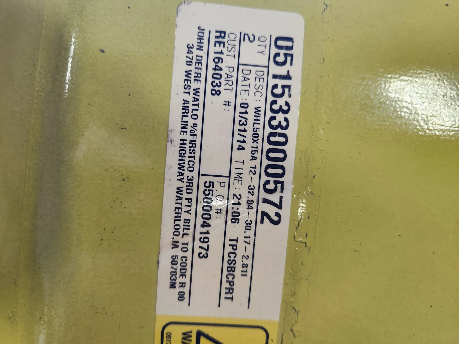 Used 15 X 50 12-32.047-30.079 -2.81IN Yellow Wheel