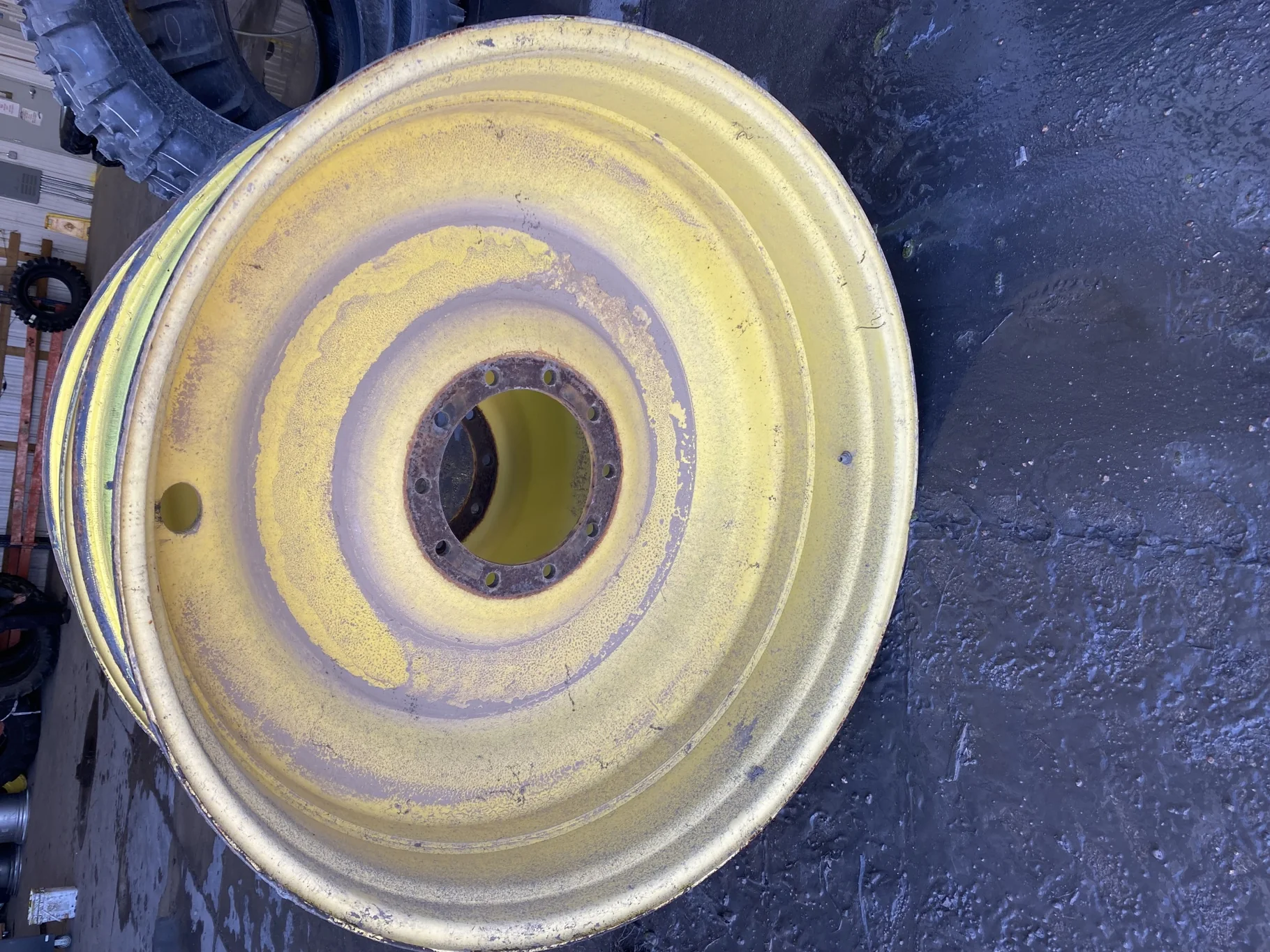 Used 12 X 46 10-13.189-11.09 JD Yellow Sprayer Wheel  Faded Paint/Rust/Scratches image 3