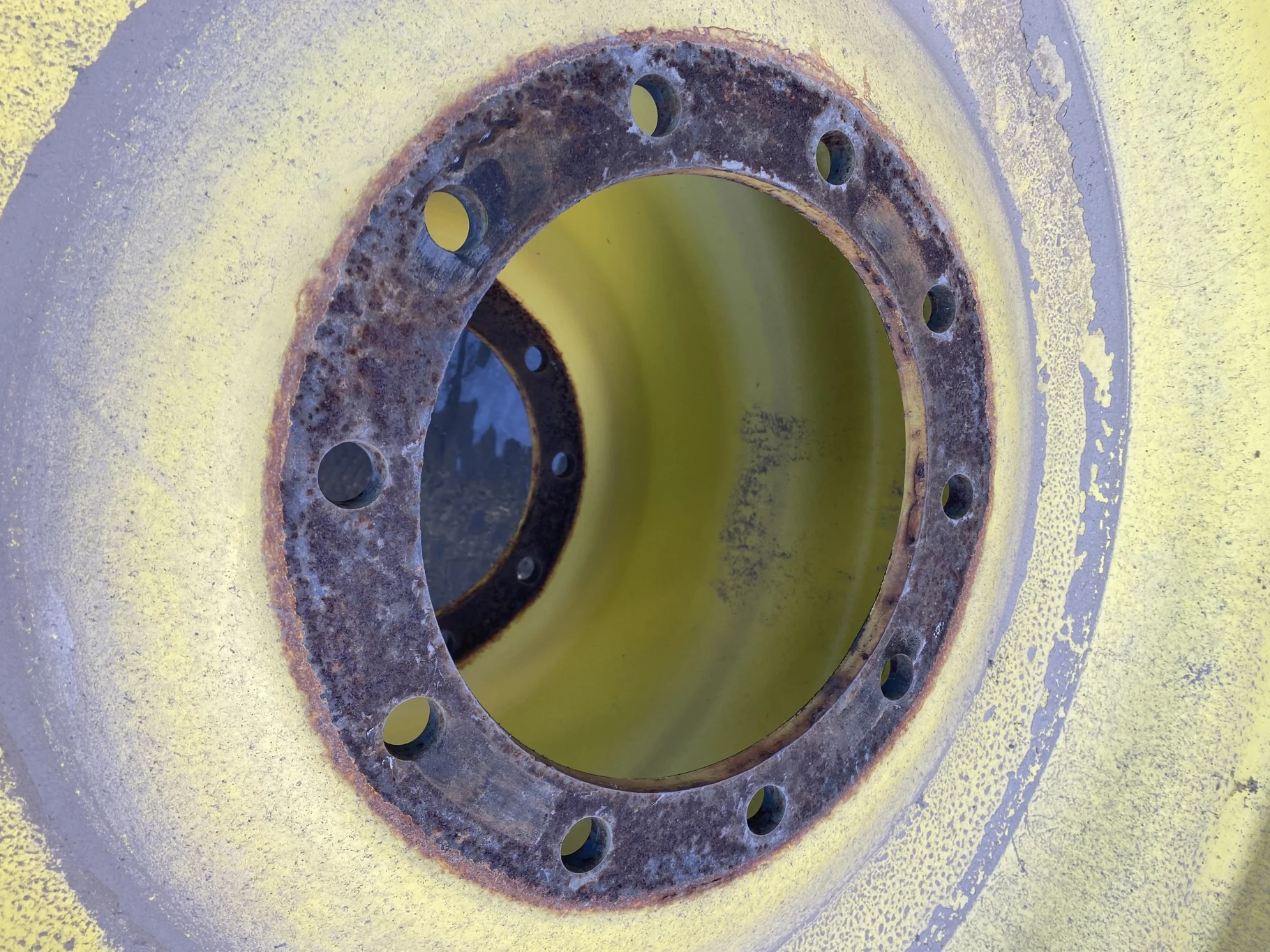 Used 12 X 46 10-13.189-11.09 JD Yellow Sprayer Wheel  Faded Paint/Rust/Scratches image 4