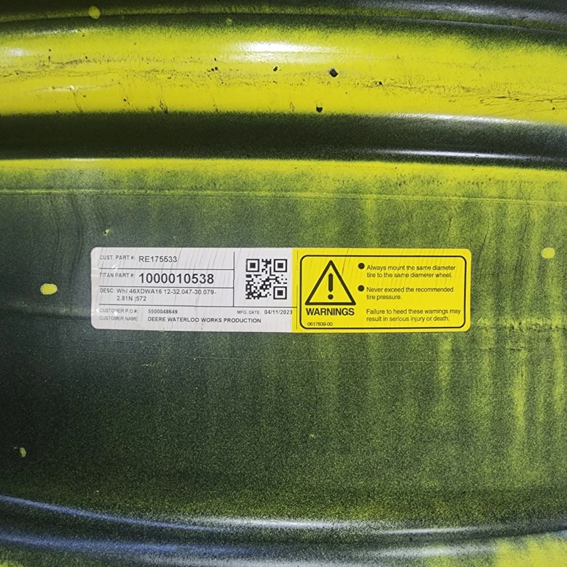 Used 16 X 46 12-32.047-30.078 5.5BS Rim & Rail Yellow Wheel image 2