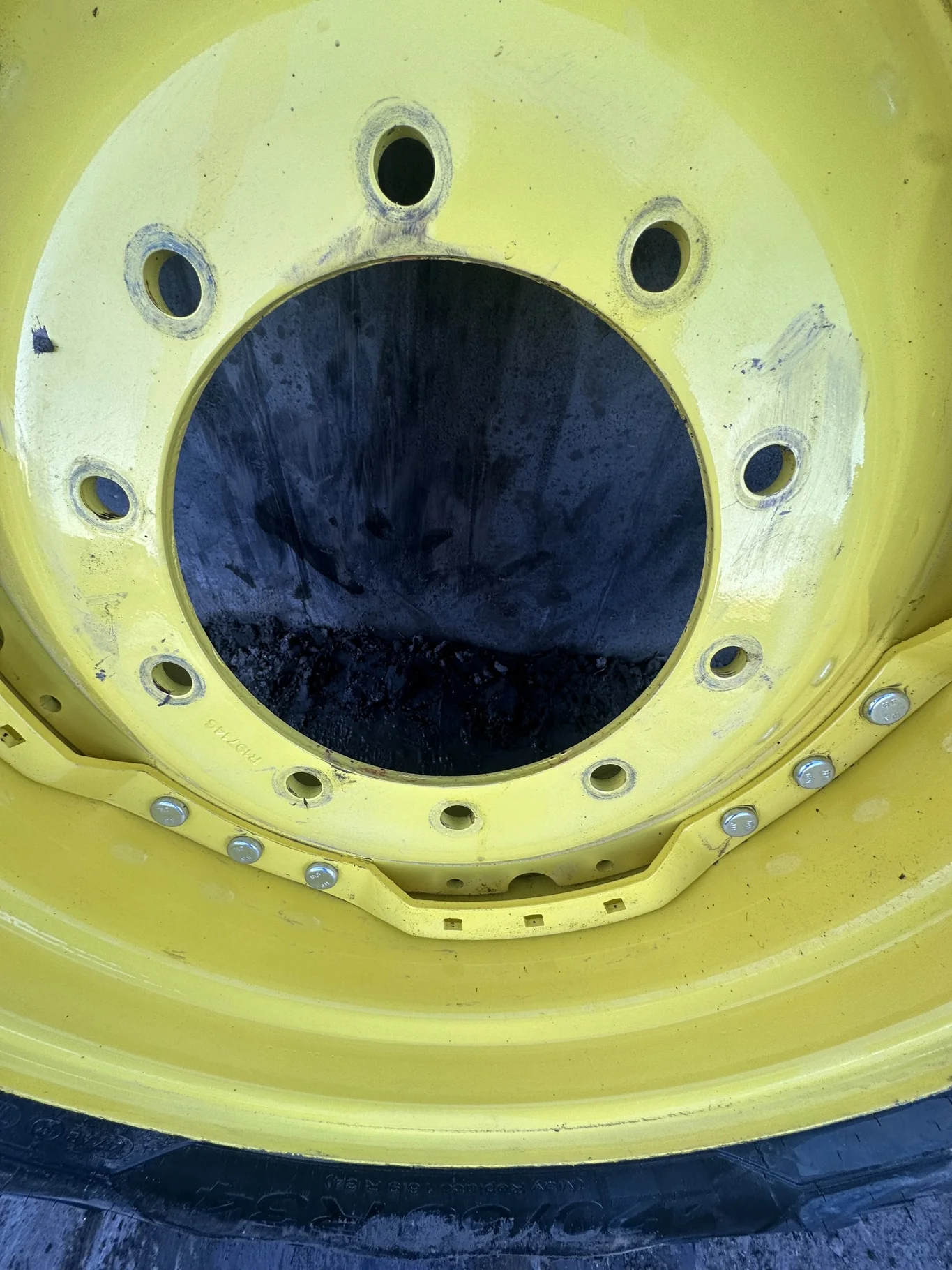Used 15 X 34 24-29.25 (9.375" BS) 3 Bolt Waffle Wheel w/ 10-13-11 (.875) 4" Disc JD Yellow image 2