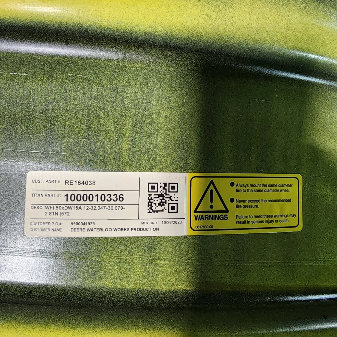 Take-Off 15 X 50 12-32.047-30.079 Rim & Rail Yellow Wheel image 3