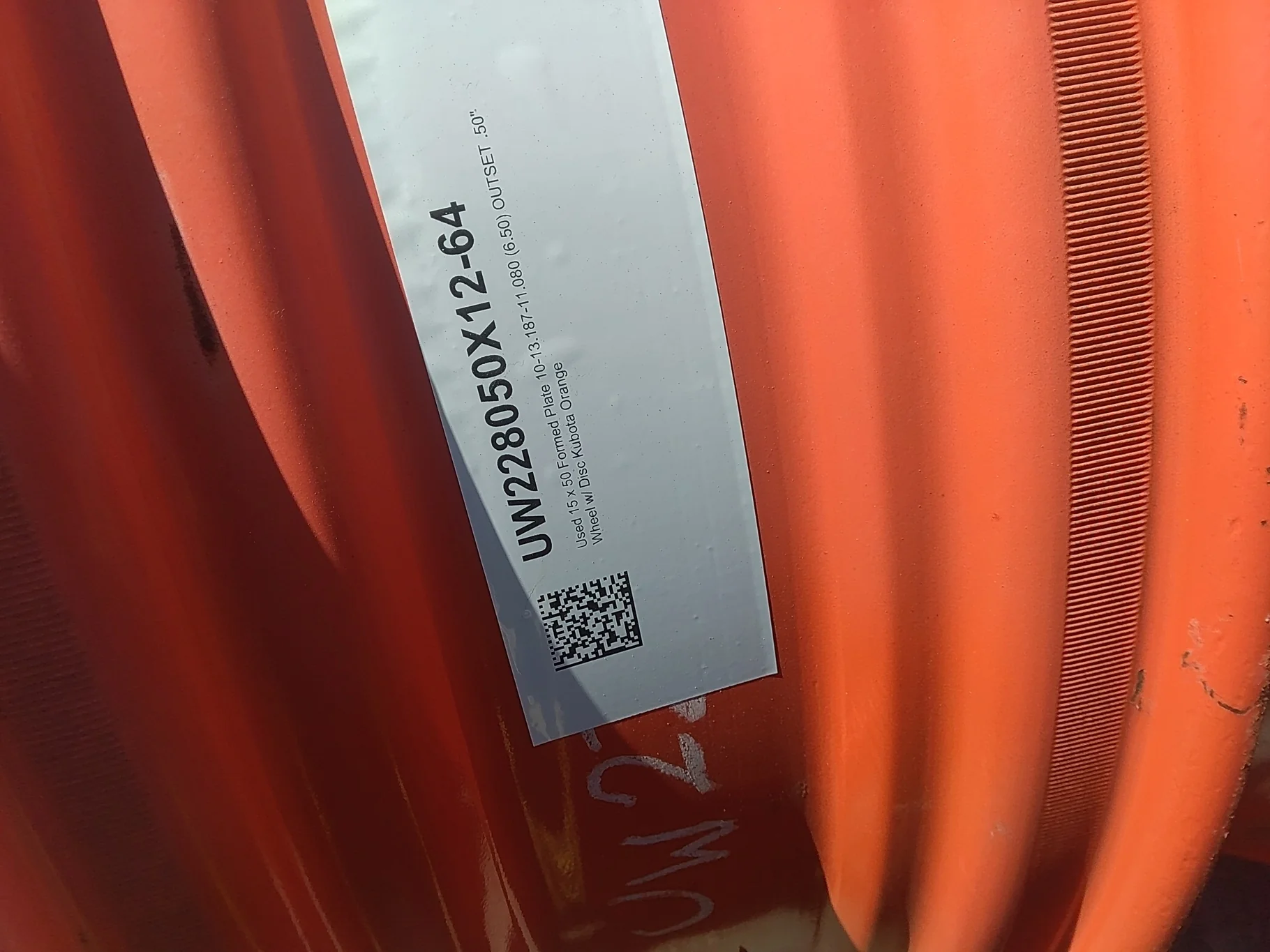 Used 15 x 50 Formed Plate 10-13.187-11.080 (6.50) OUTSET .50" Wheel w/ Disc Kubota Orange