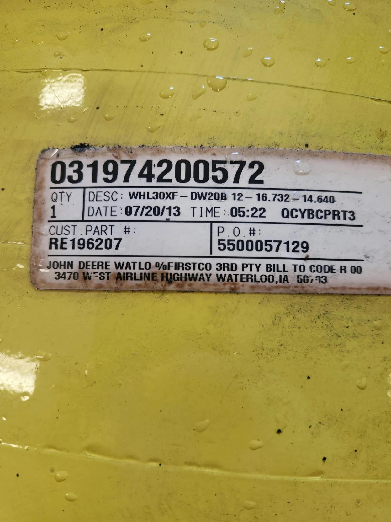 Used 20 X 30 12-16.732-14.640 Waffle 12 Bolt Yellow Wheel w/ Disc