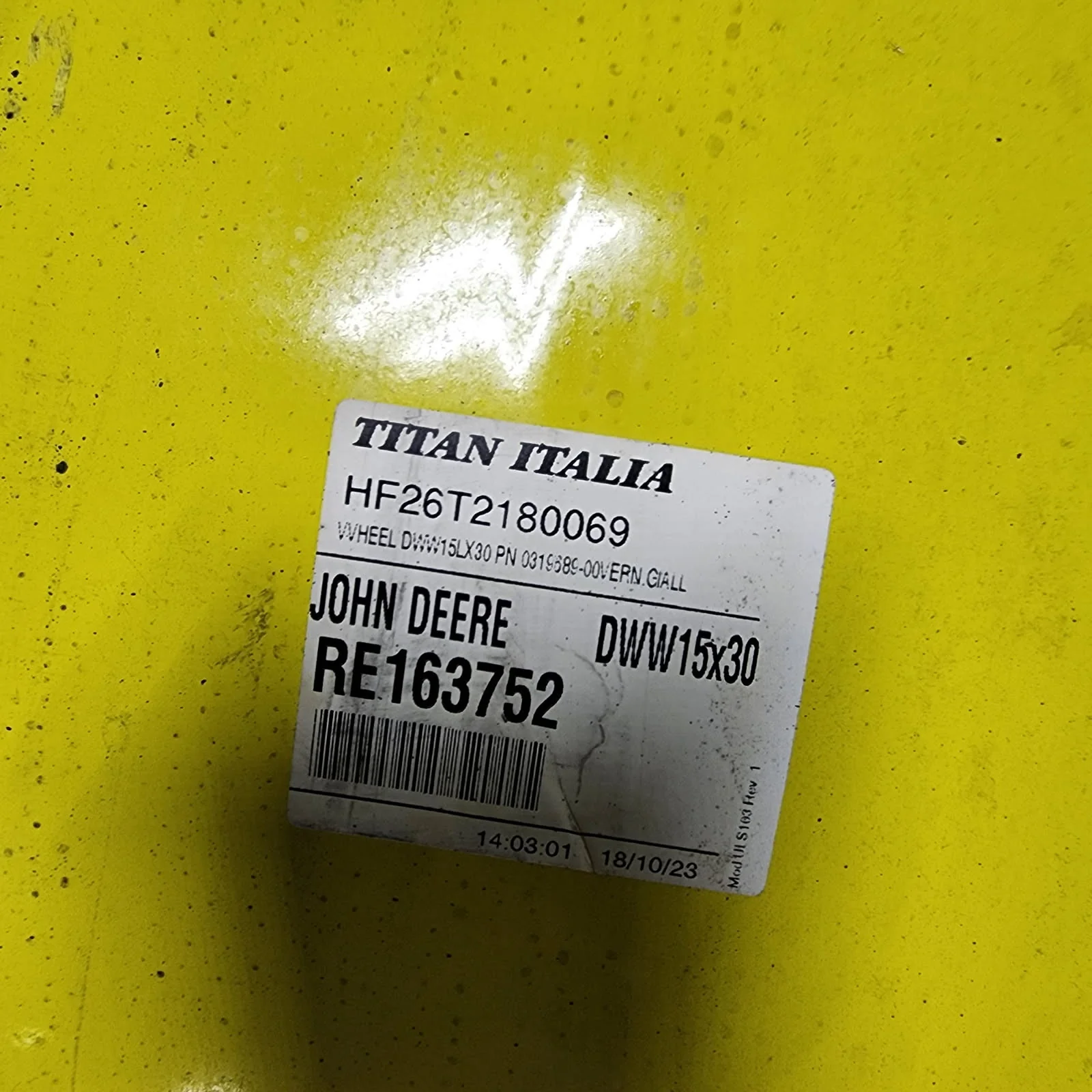 Used 15 X 30 10-13.19-11.07 4"BS Waffle 3 Bolt Yellow Wheel w/ Disc image 3