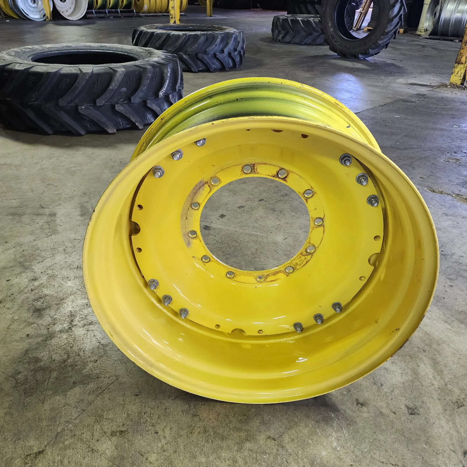 Used 15 X 34 12-16.732-14.620 11.5"BS Titan Waffle 3 Bolt Yellow Wheel w/ Disc image 2