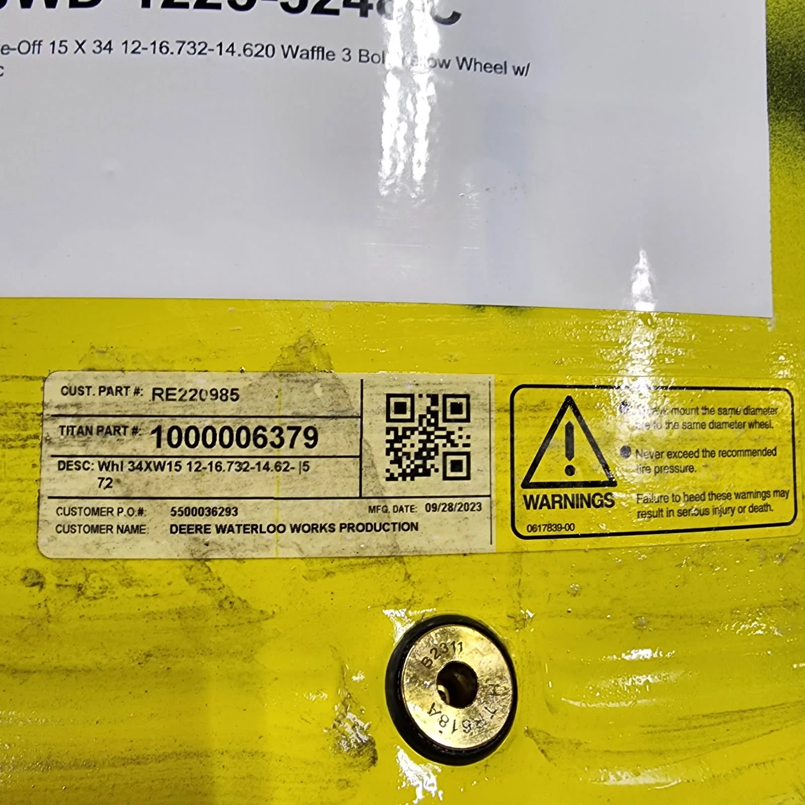 Take-Off 15 X 34 12-16.732-14.620 Waffle 3 Bolt Yellow Wheel w/ Disc
